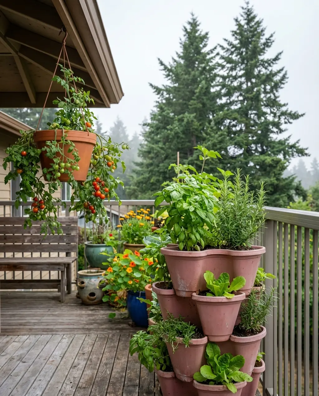 Balcony Veggie Patch with Stackable Planters and Hanging Baskets