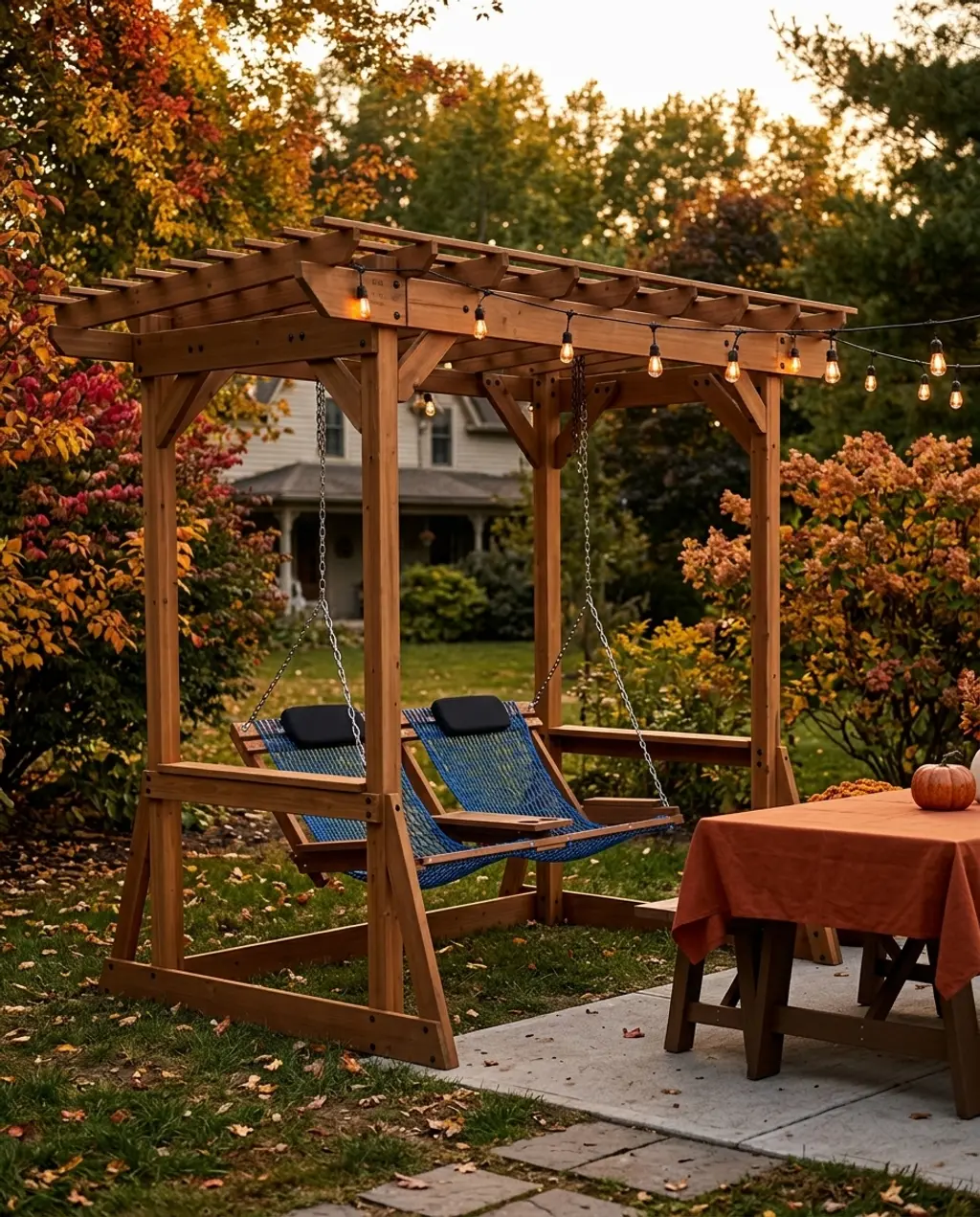 Pergola with Built-in Swings and String Lights
