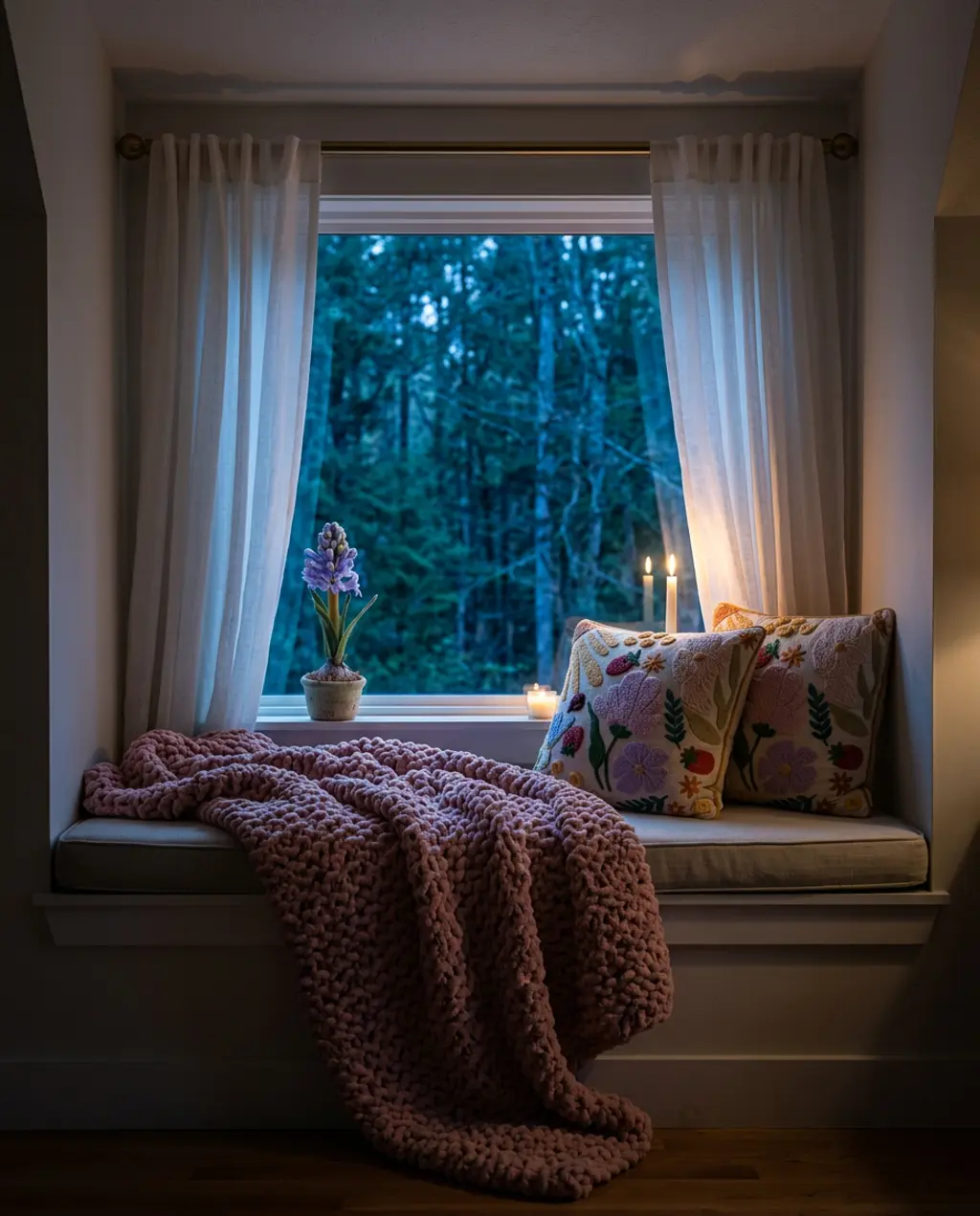 Farmhouse Easter Window Seat with Spring Textiles