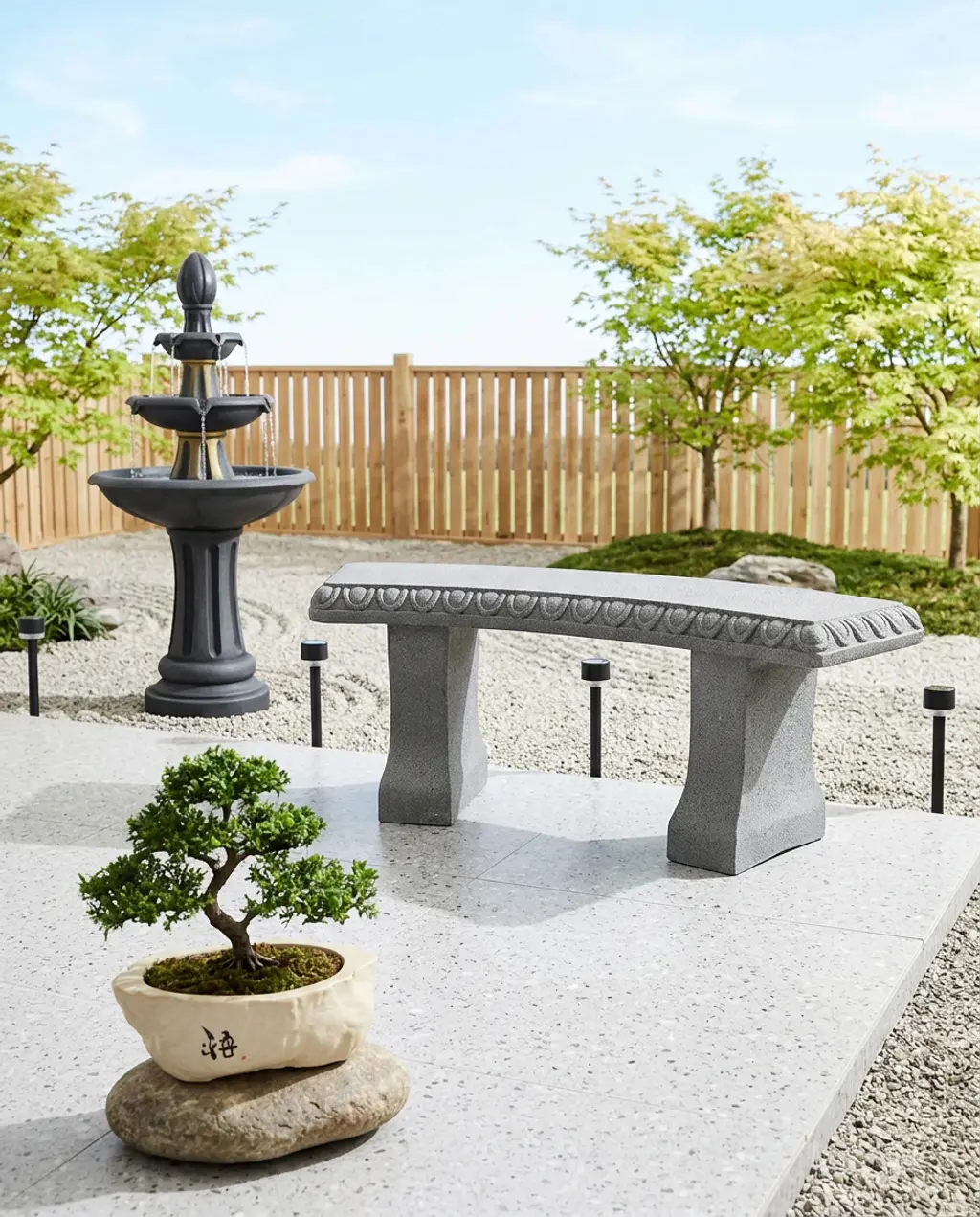 Zen Garden Patio with Gray Stone Seating and Water Feature