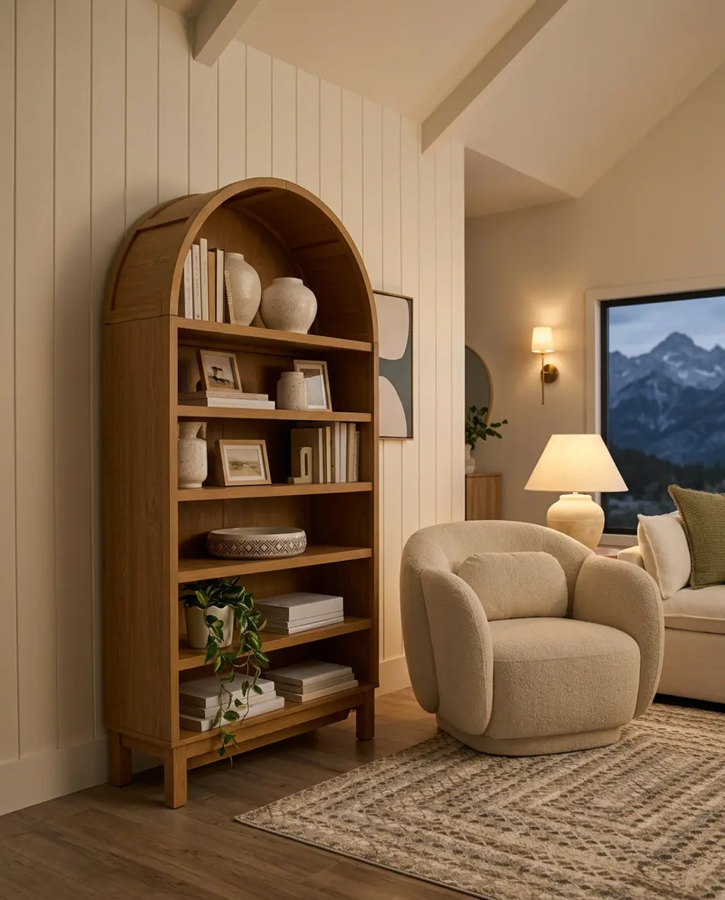 Aesthetic Spring Living Room with Arched Bookshelf