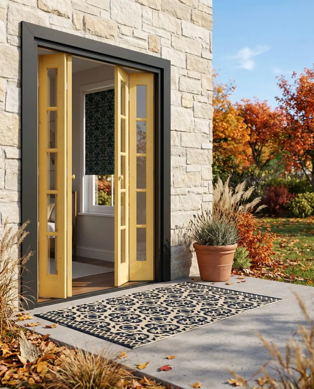 Playroom with Colorful Bifold Patio Doors and Blackout Roller Shades