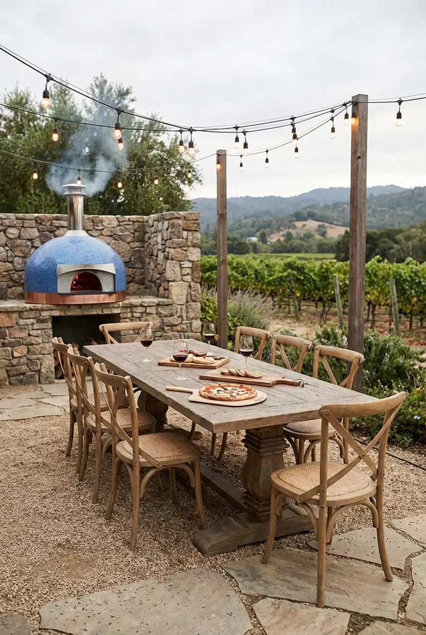 Rustic Pizza Oven and Dining Area with Vineyard Views