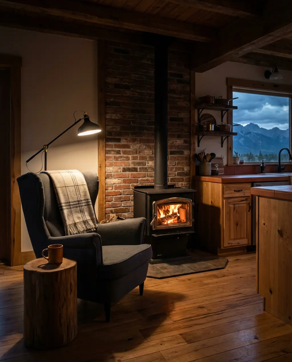 Cozy Open Kitchen Living Room with Wood Stove