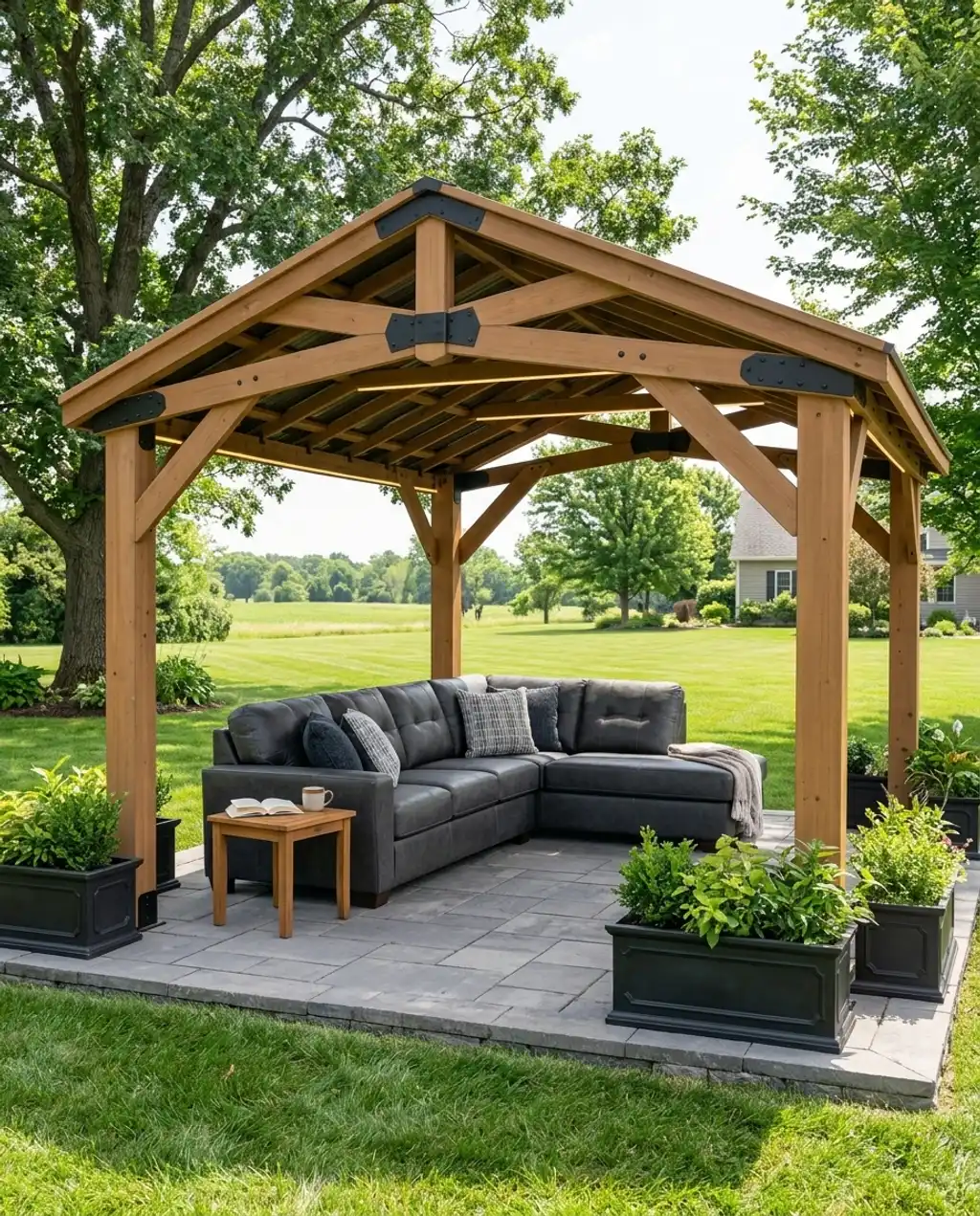 Modern Wood Gazebo with Integrated Planters