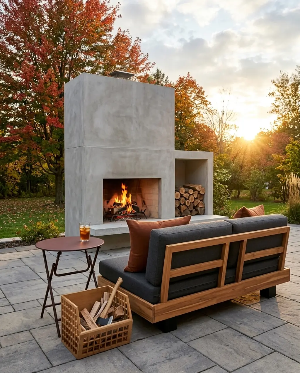 Minimalist Outdoor Fireplace Wall with Integrated Wood Storage