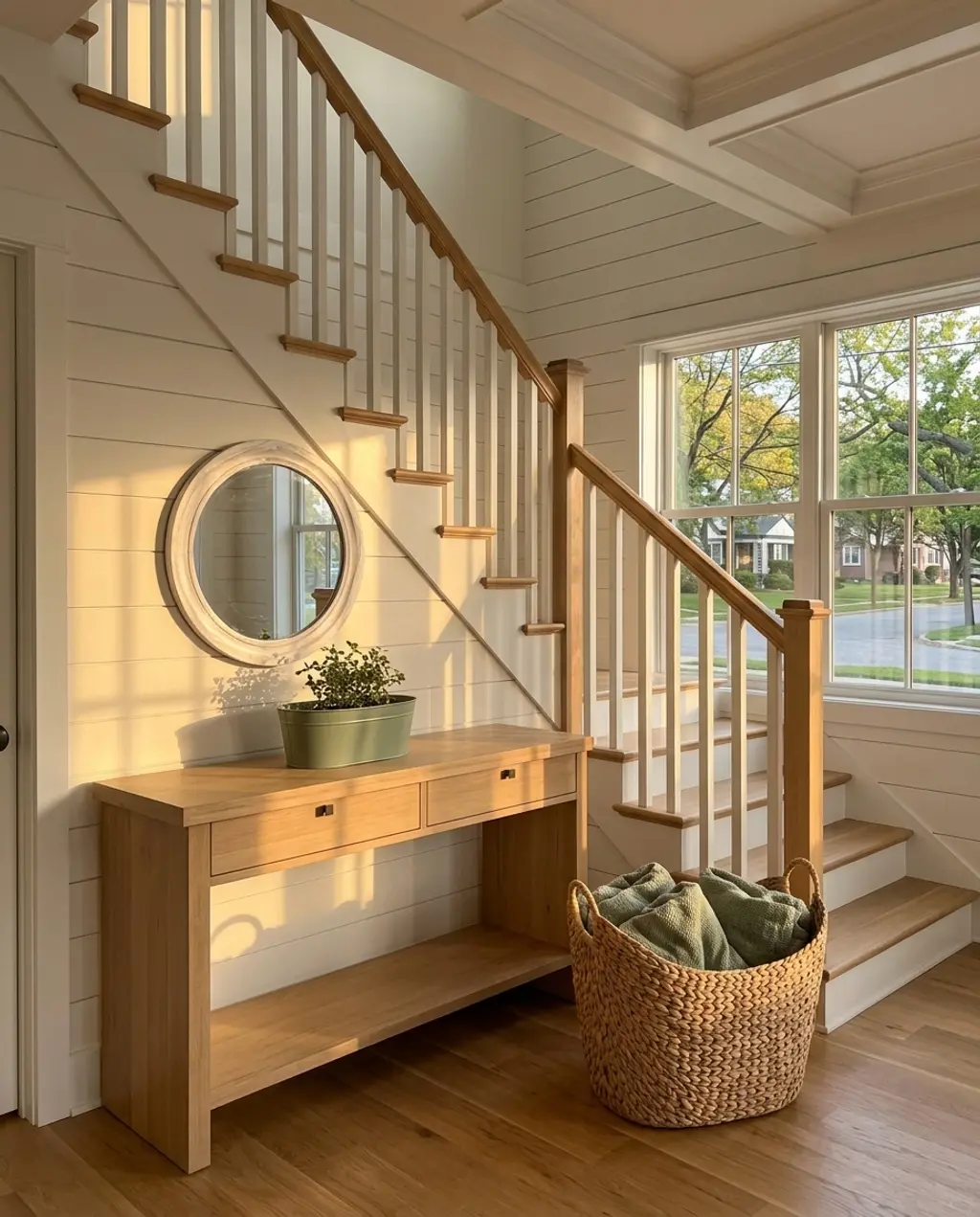 Farmhouse Style Staircase with Shiplap Accent Wall