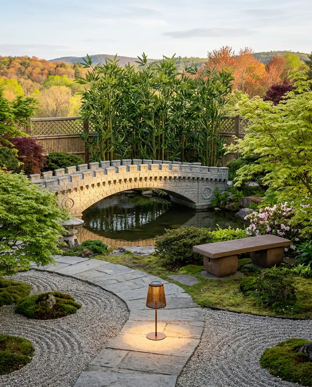 Zen Garden with Stone Bridge & Bamboo Grove