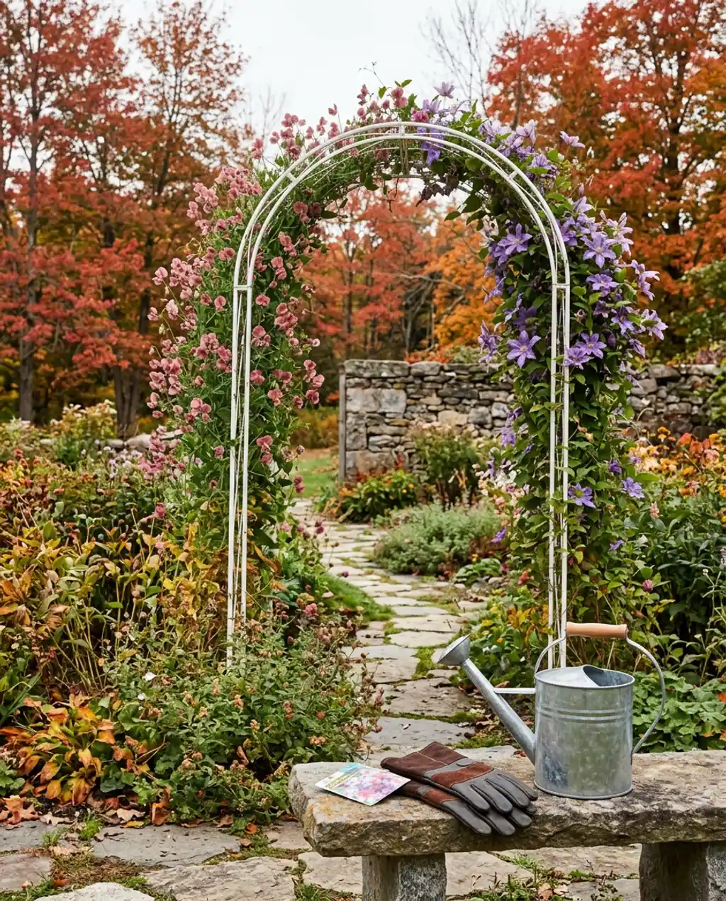 Garden Archway Covered in Sweet Peas and Clematis