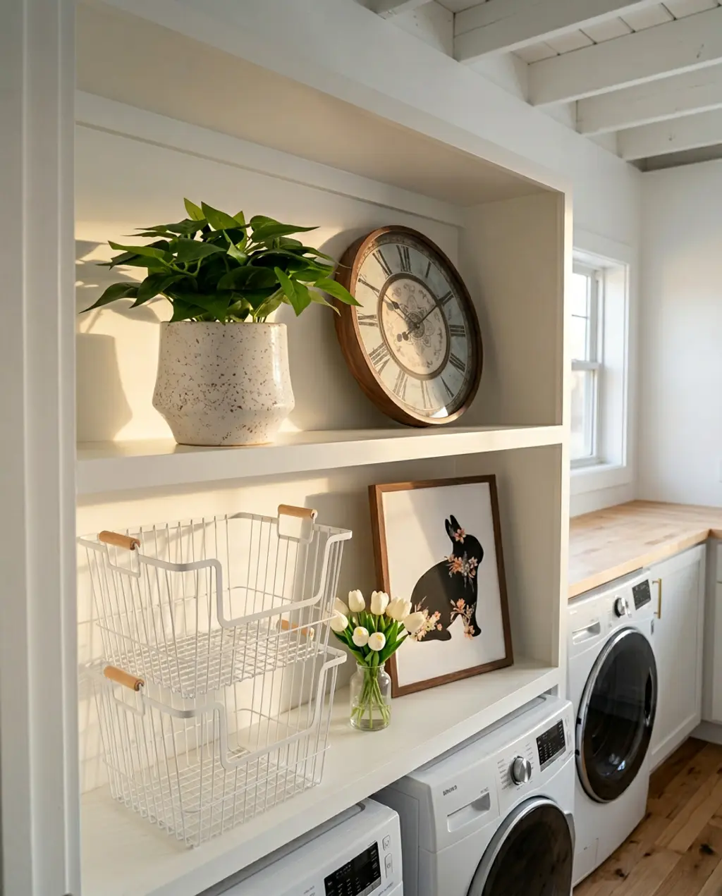 Farmhouse Easter Laundry Room with Bunny Art