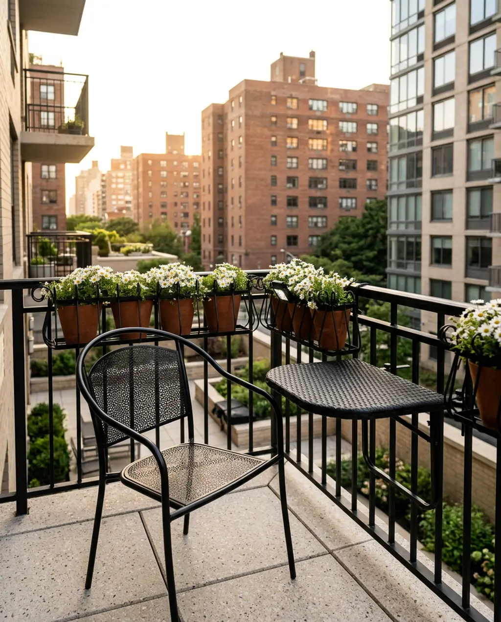 Small Urban Balcony with Black Chairs and Built-in Planter Boxes