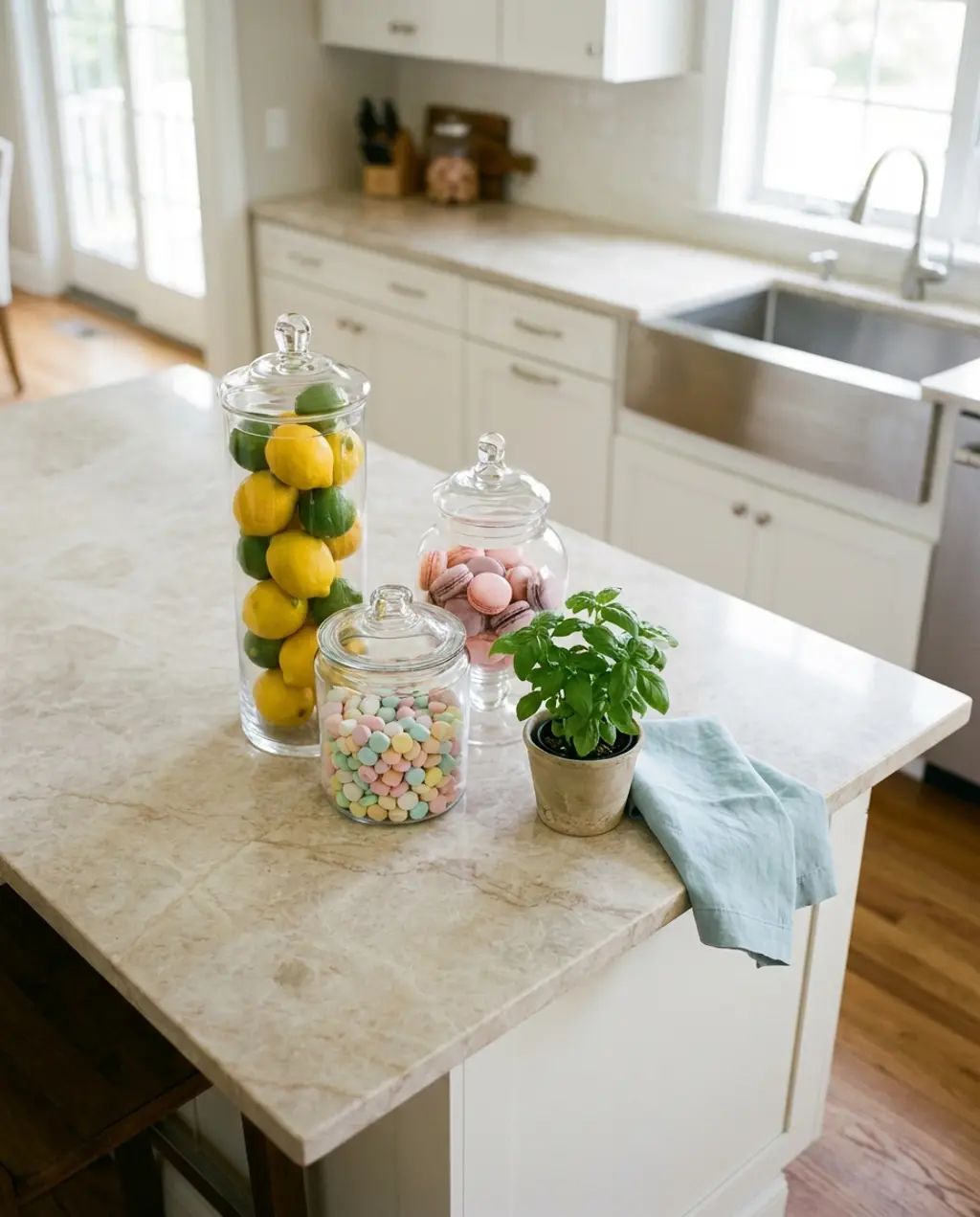 Bright Spring Kitchen Island with Glass Jars and Pastels