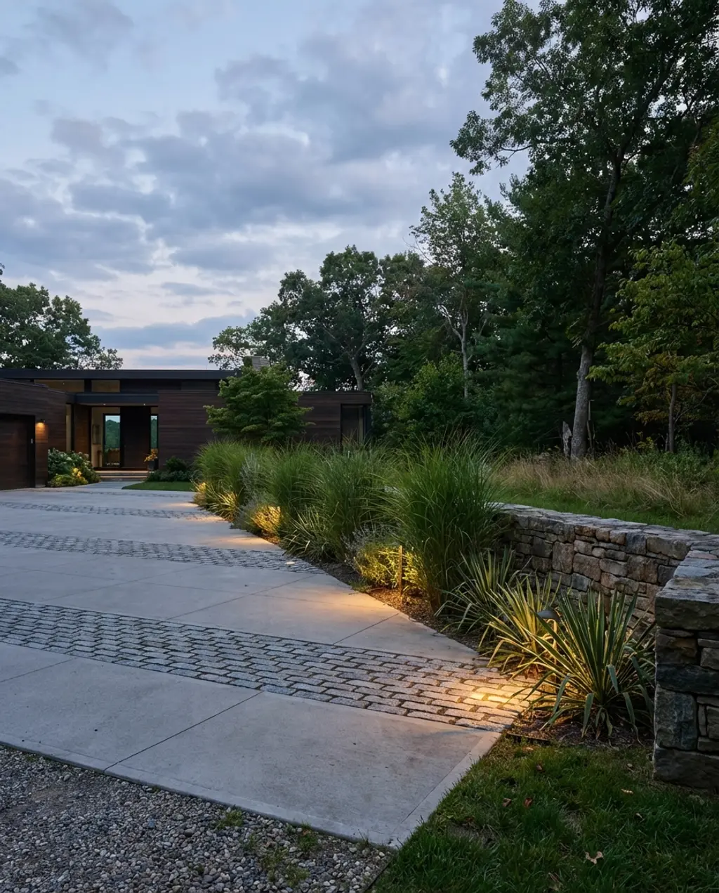 Modern Driveway with Cobblestone Inlays and Landscape Lighting