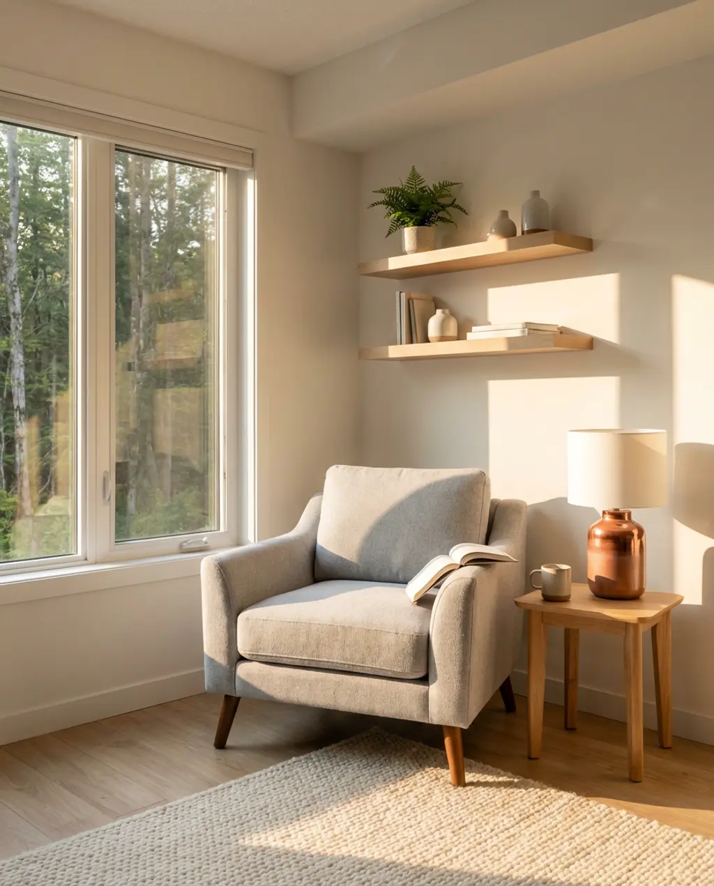 Cozy Apartment Reading Nook with Floating Shelves and Armchair