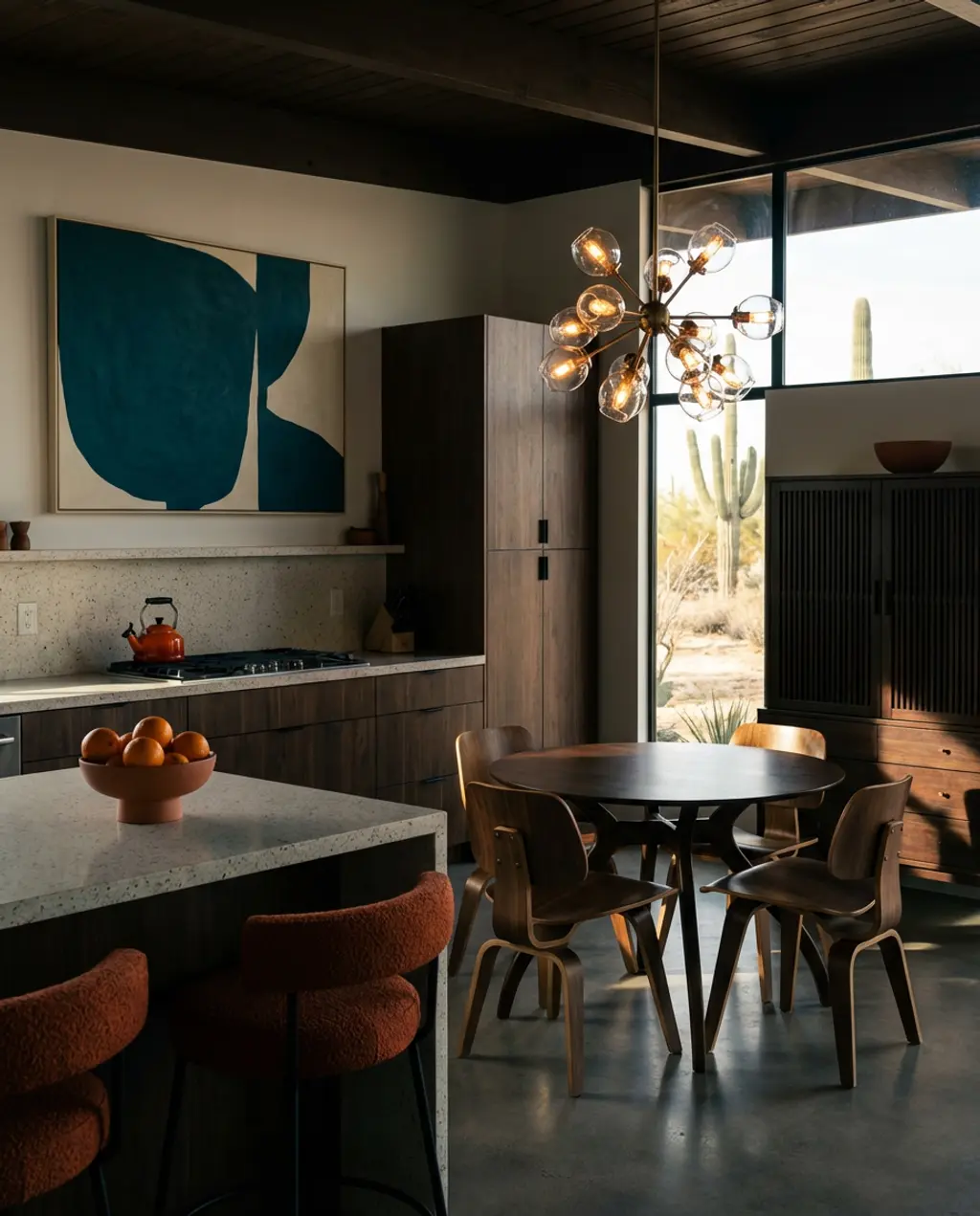 Mid-Century Modern Dark Wood Kitchen with Pops of Color