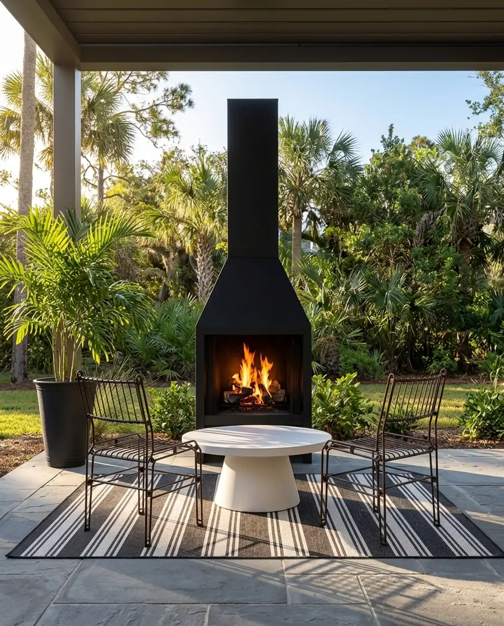 Sleek Black Steel Outdoor Fireplace with Minimalist Patio