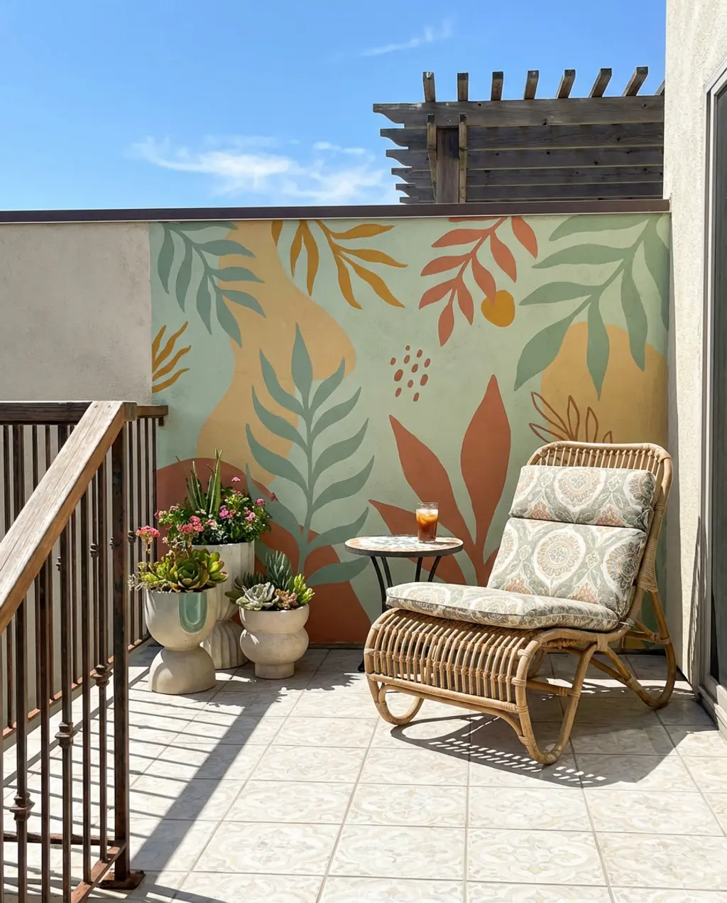 Artistic Balcony with Mural Wall and Sculptural Planters