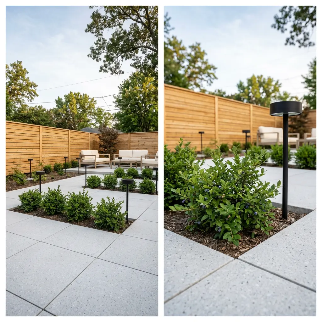 Modern Fenced Backyard with Clean Lines and Edible Shrubs