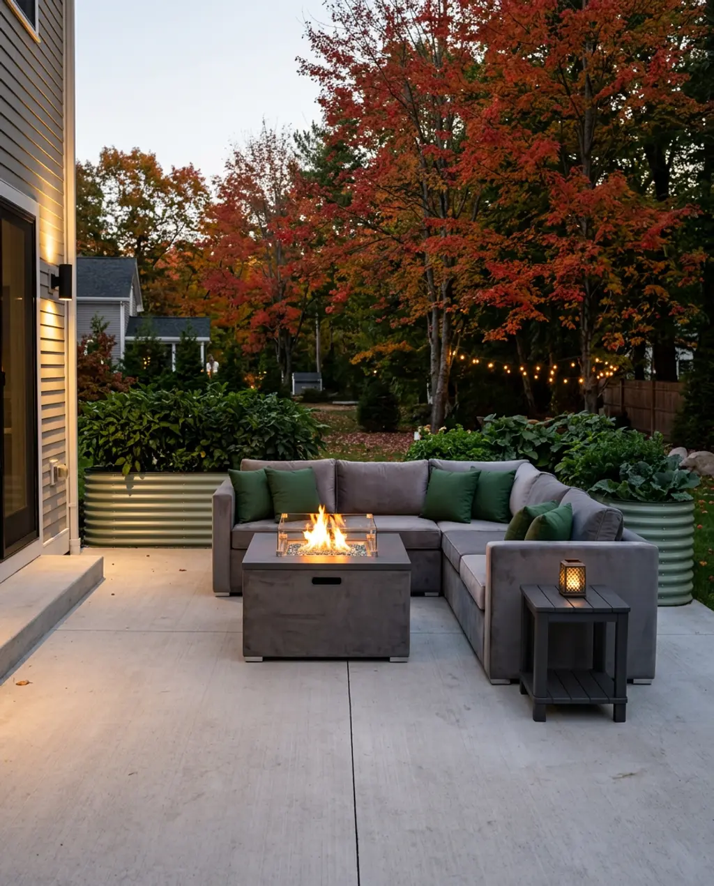 L-Shaped Gray Sectional with integrated Side Table and Planters