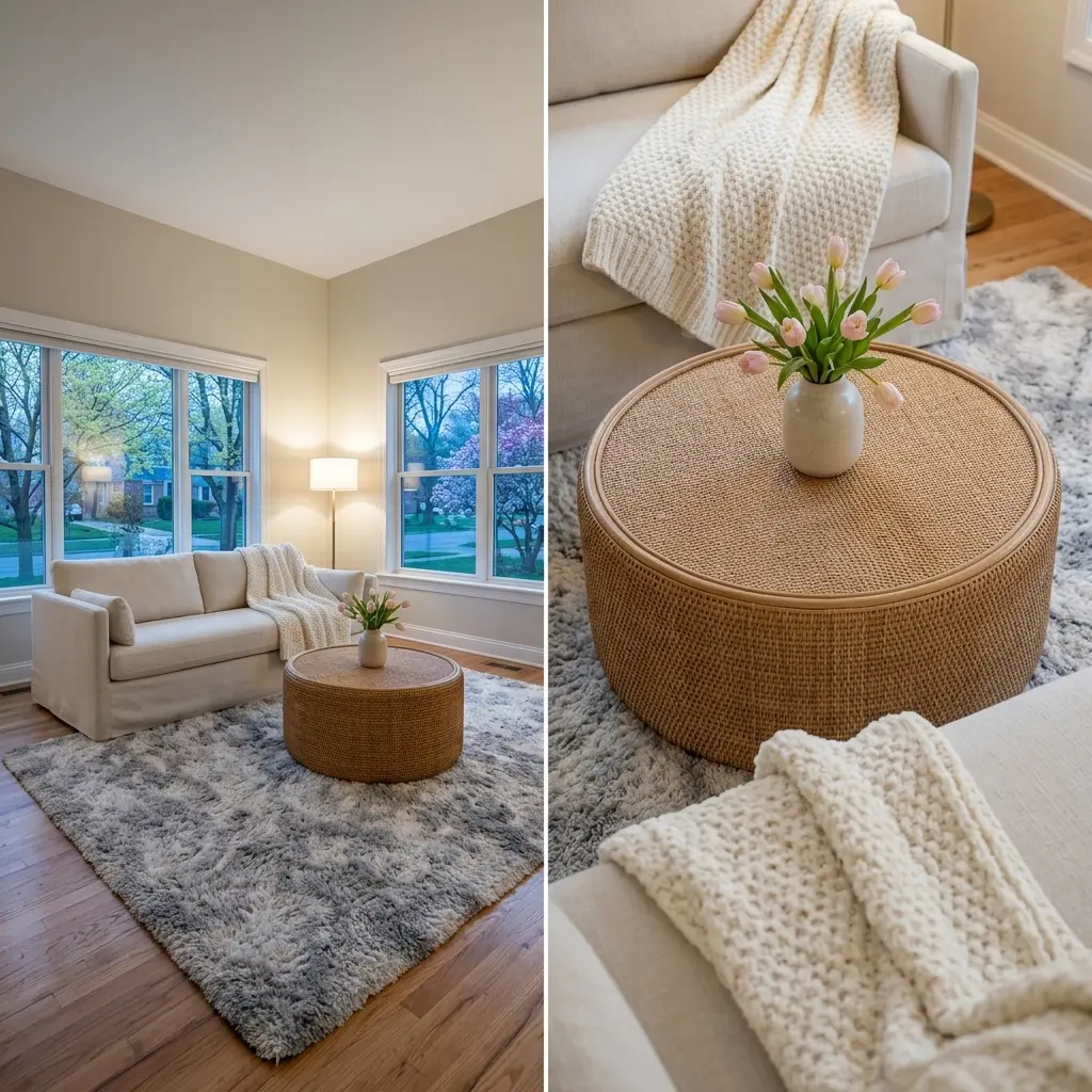 Cozy Spring Living Room with Plush Gray Rug and Textured Elements