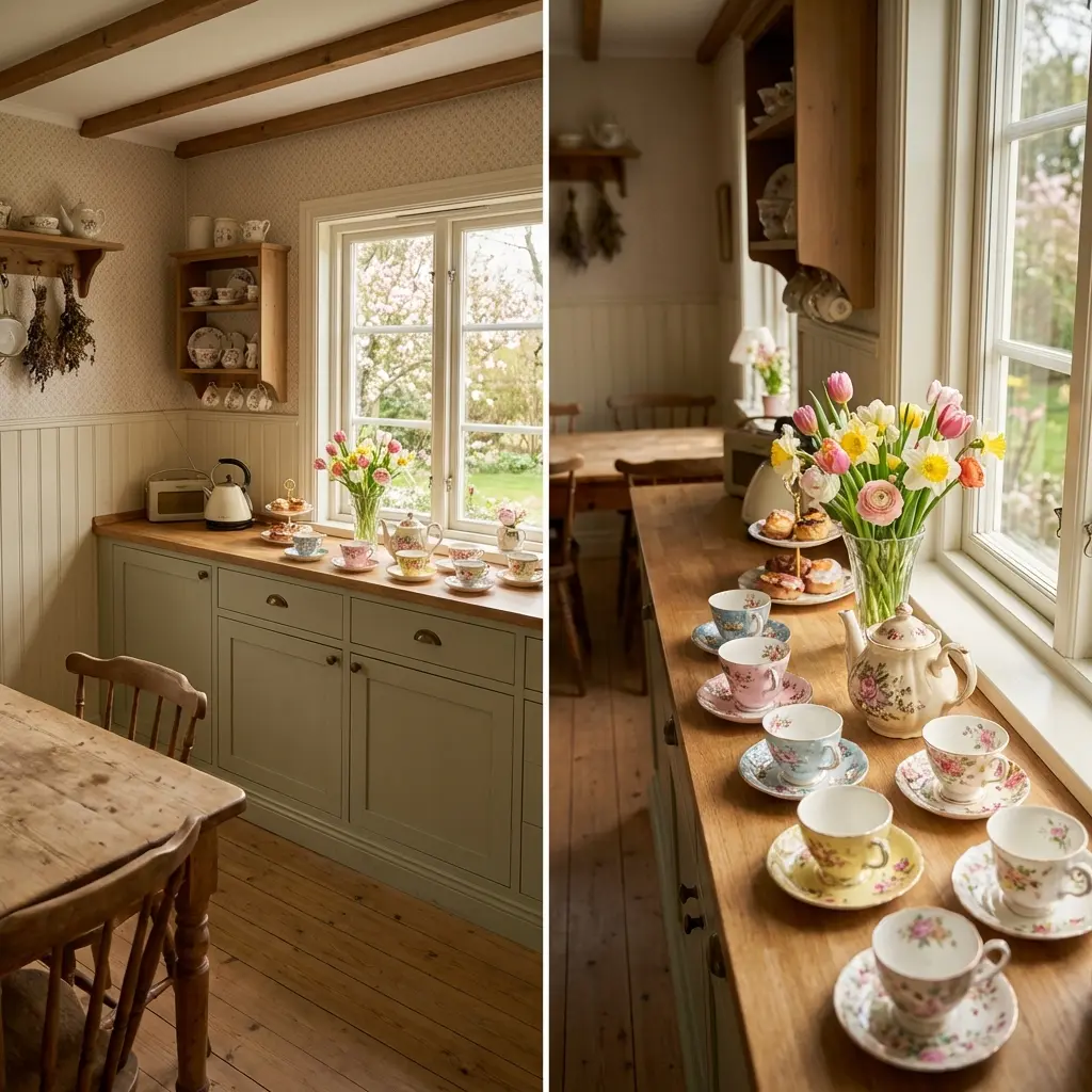 Vintage Charm Spring Kitchen Counter with Floral Teacups