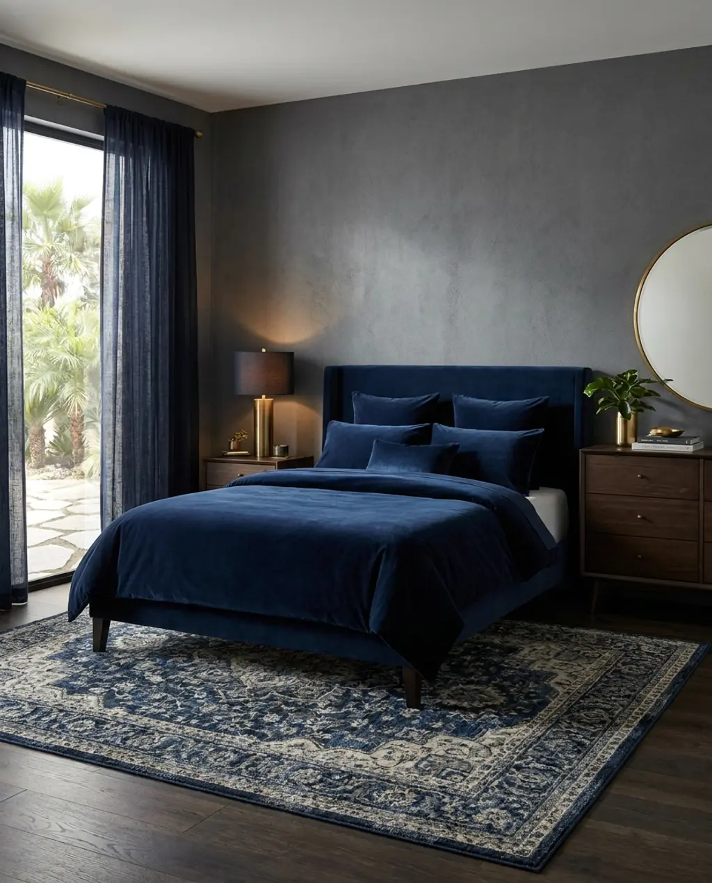 Moody Spring Bedroom: Deep Blues and Rich Textures