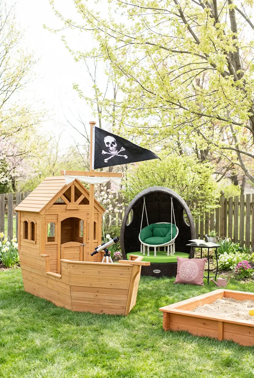 Themed Pirate Ship Playhouse & Sandbox