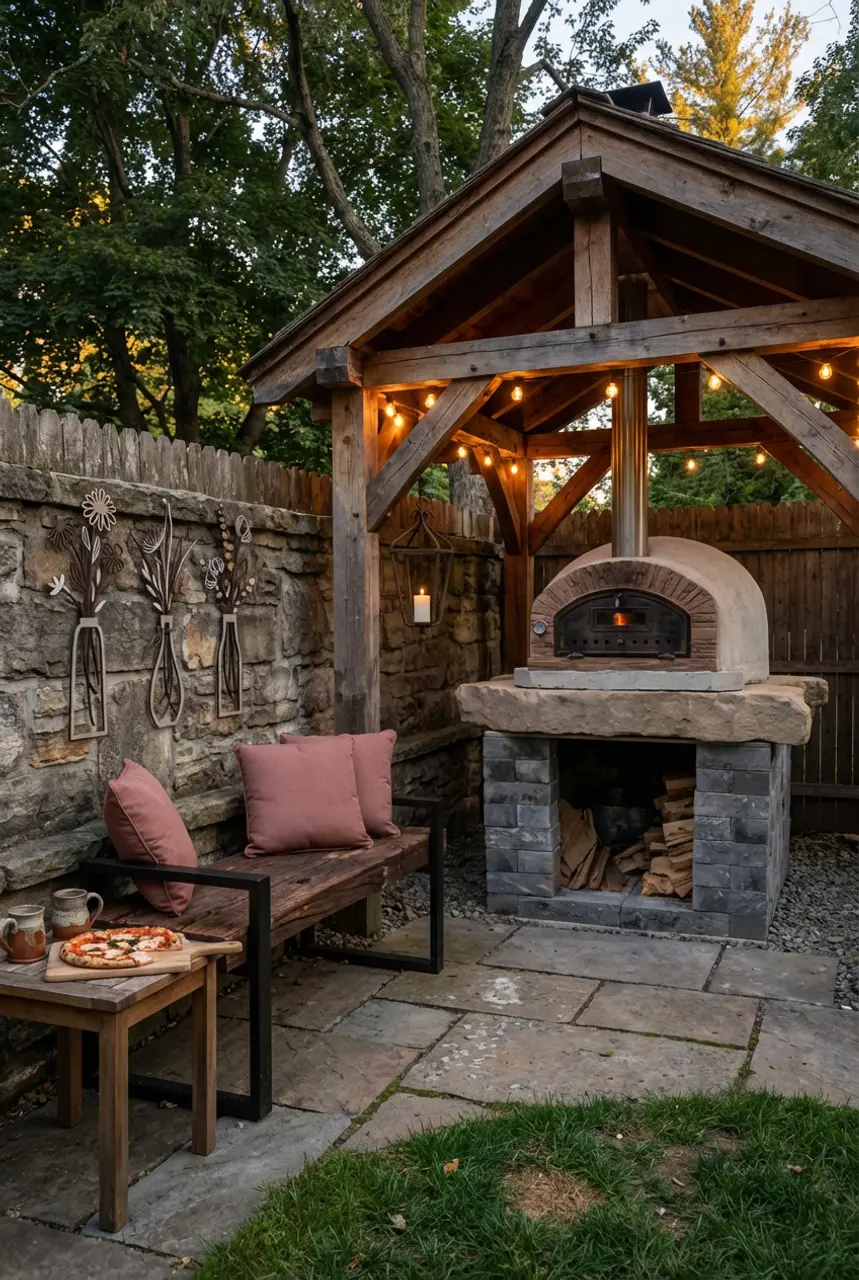 Rustic Pizza Oven Nook with Timber Frame Roof