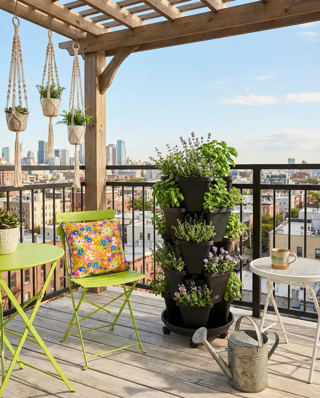 Vibrant Balcony Herb Garden with Seating