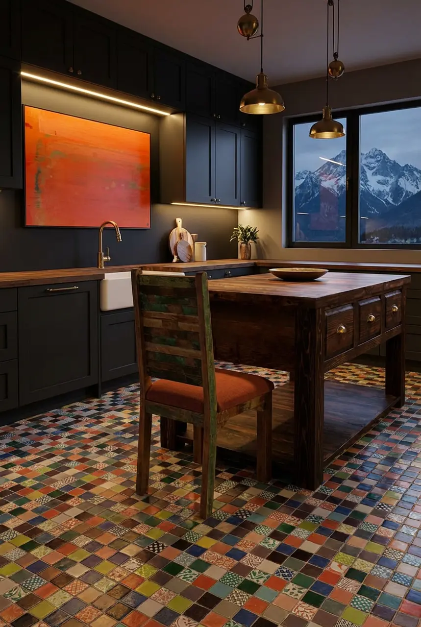 Eclectic Kitchen with Patchwork Tile Floor