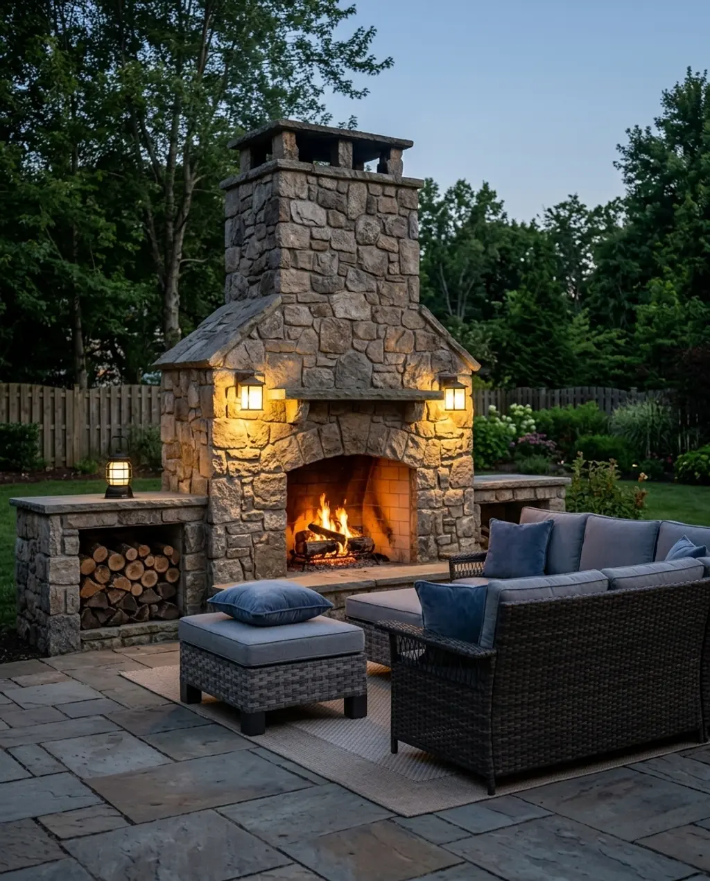 Grand Stone Outdoor Fireplace with Built-in Seating and Wood Storage