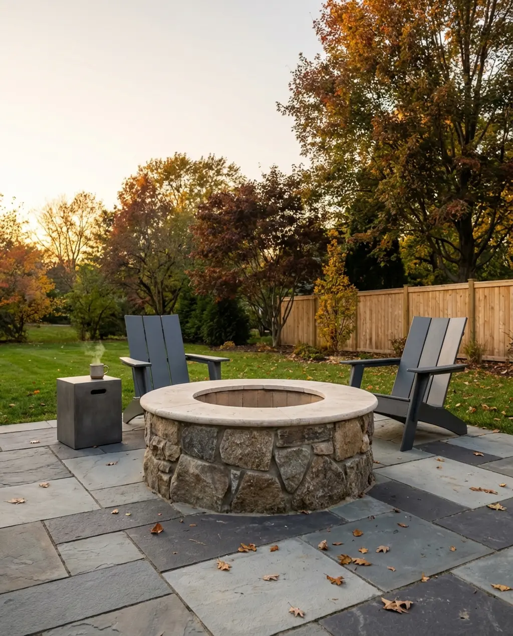 Rustic Stone Fire Pit with Adirondack Chairs — Budget Version