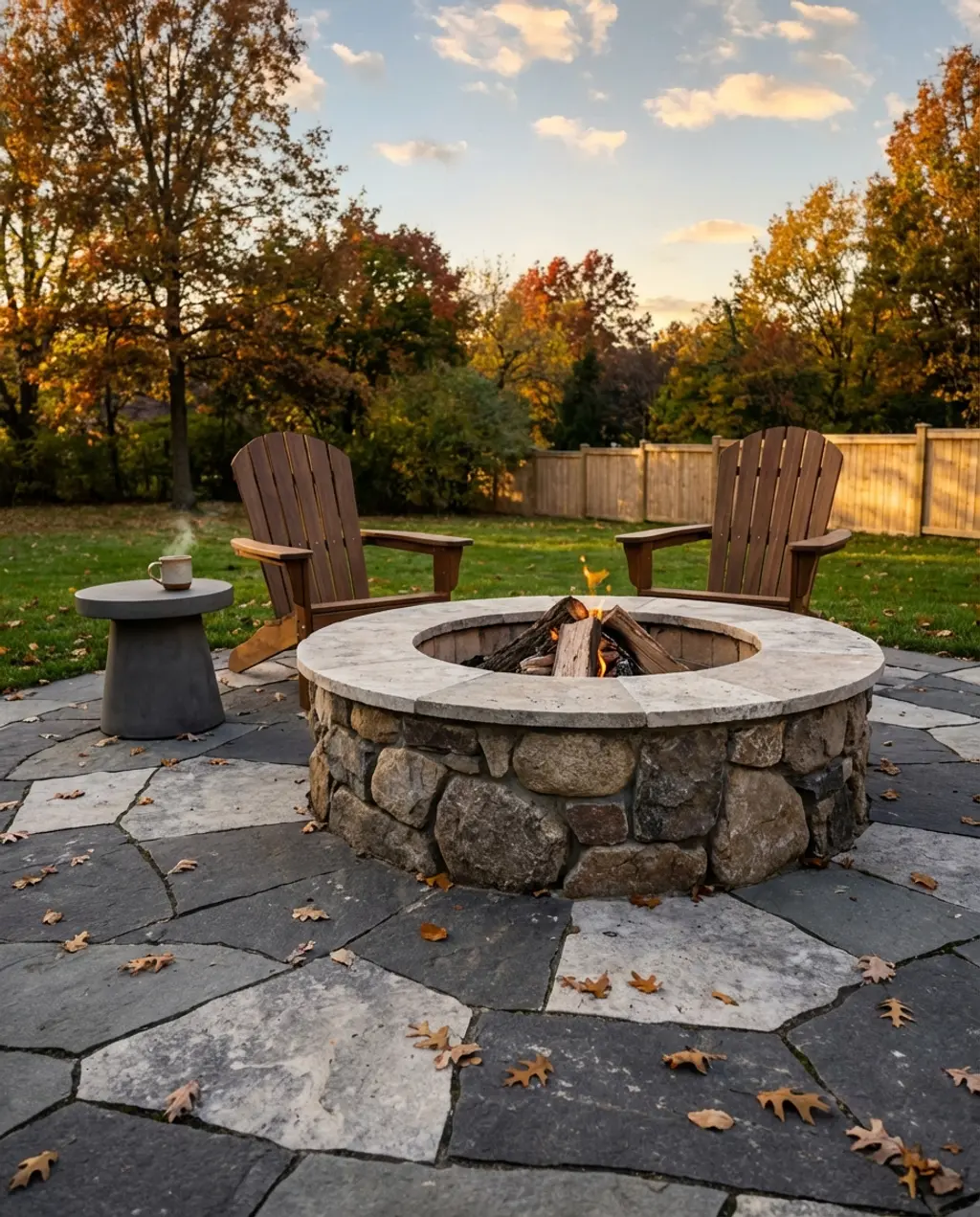 Rustic Stone Fire Pit with Adirondack Chairs — Luxury Version