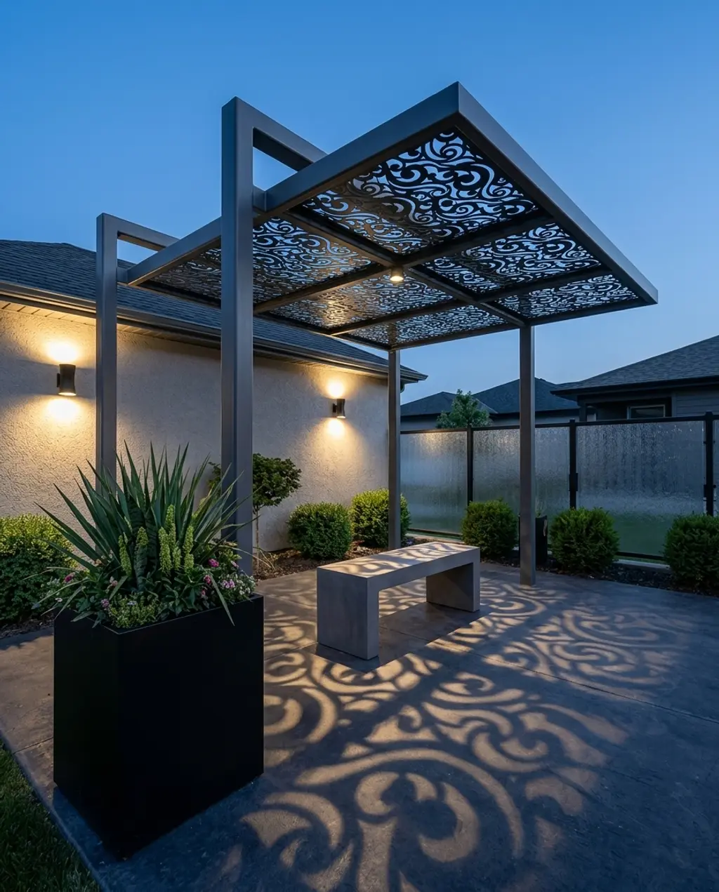 Architectural Steel Shade Structure with Laser-Cut Patterns
