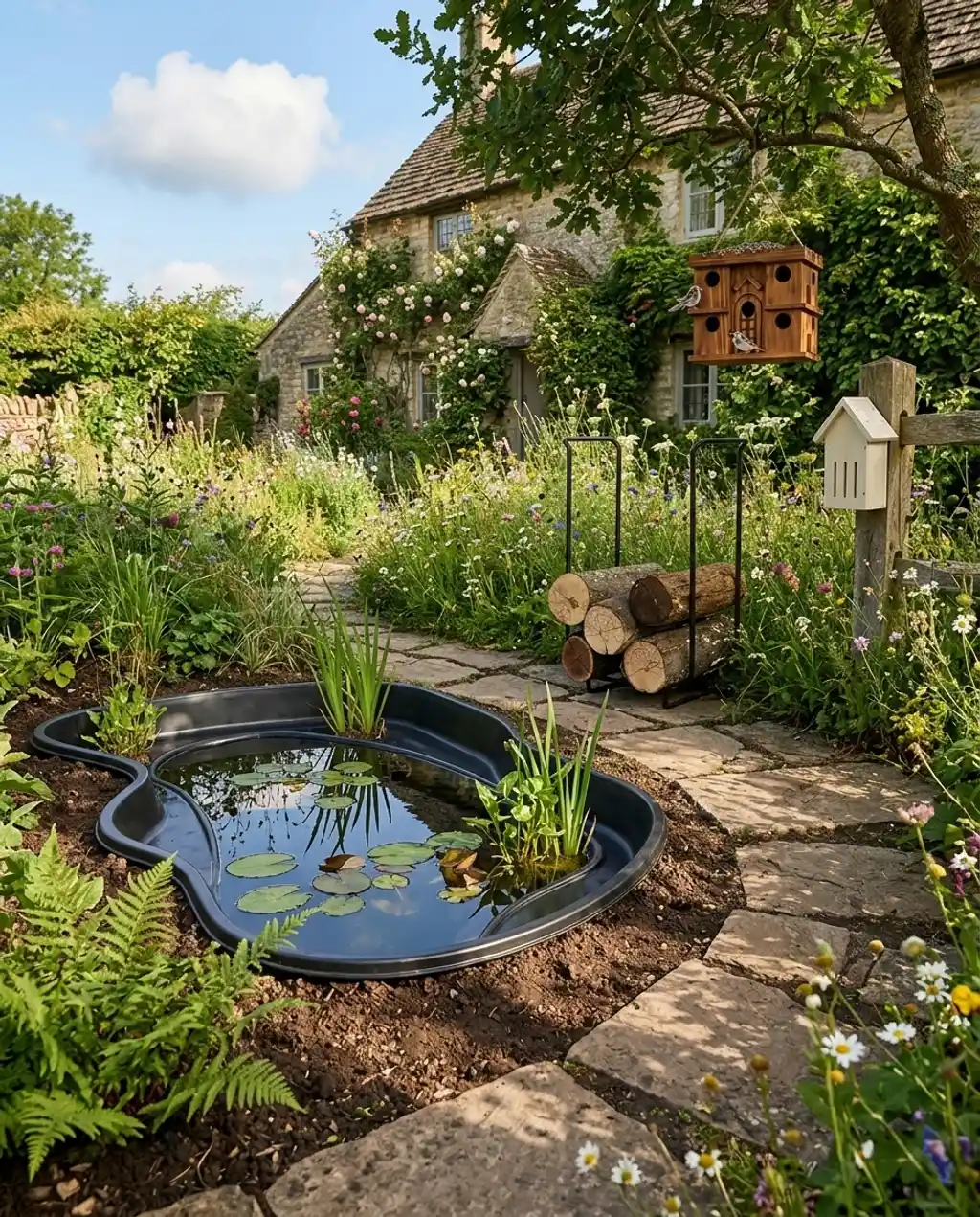 Wildlife-Friendly Cottage Garden with Log Piles & Ponds — Luxury Version