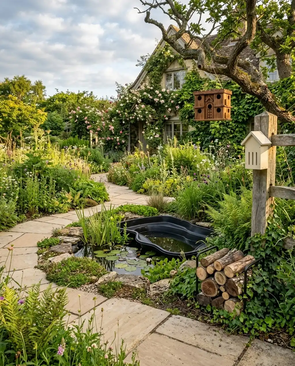 Wildlife-Friendly Cottage Garden with Log Piles & Ponds — Budget Version
