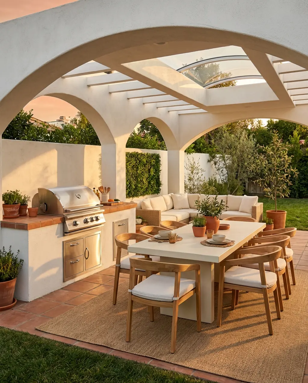 Modern Mediterranean Grill Zone with Arched Pergola
