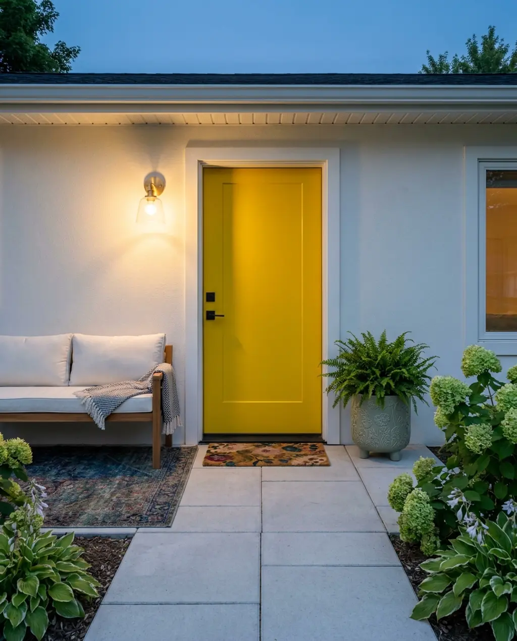 Bright Yellow Front Door with Garden Path — Luxury Version