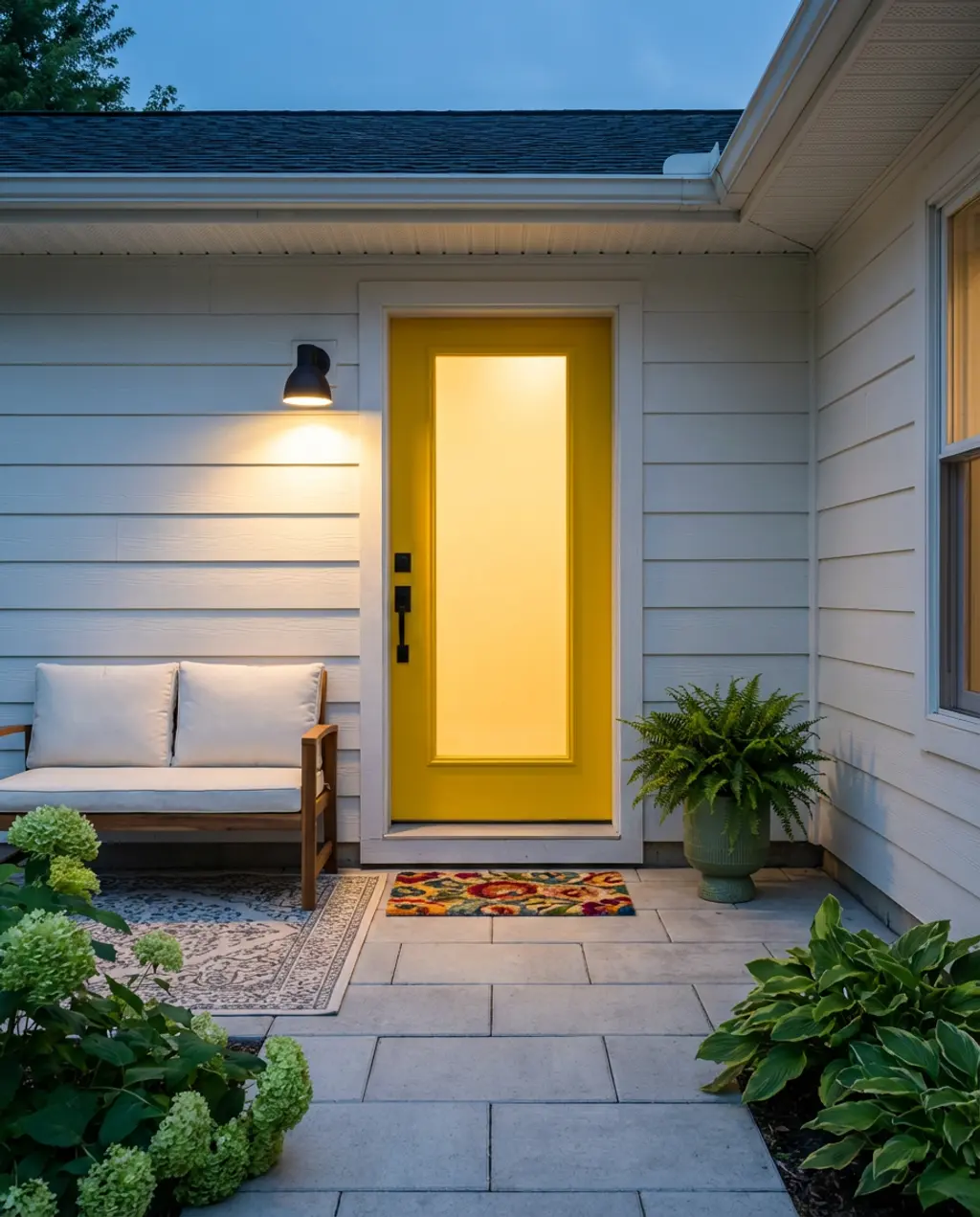 Bright Yellow Front Door with Garden Path — Budget Version
