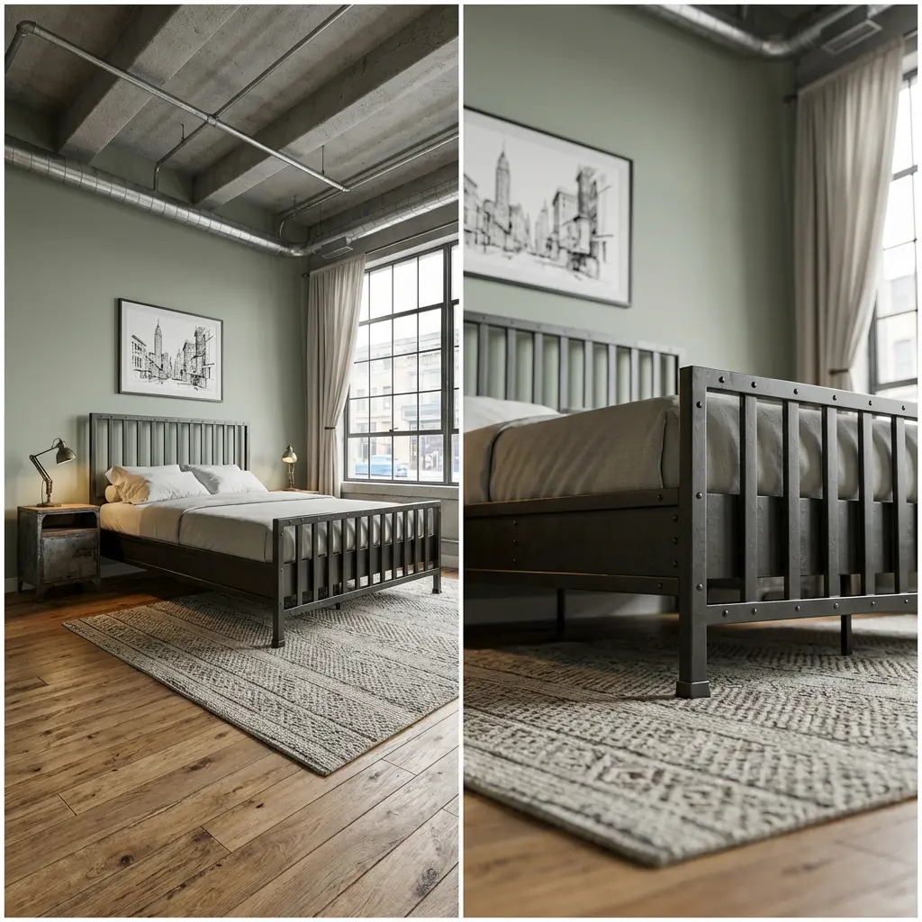 Industrial-Inspired Apartment Bedroom with Exposed Ceiling and Metal Bed