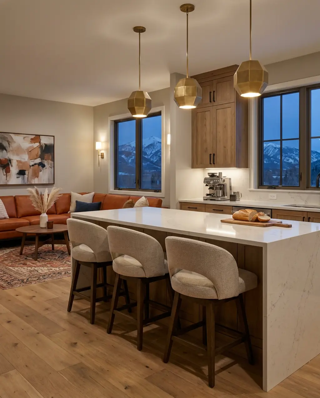 Warm Transitional Open Kitchen with Island Seating — Luxury Version