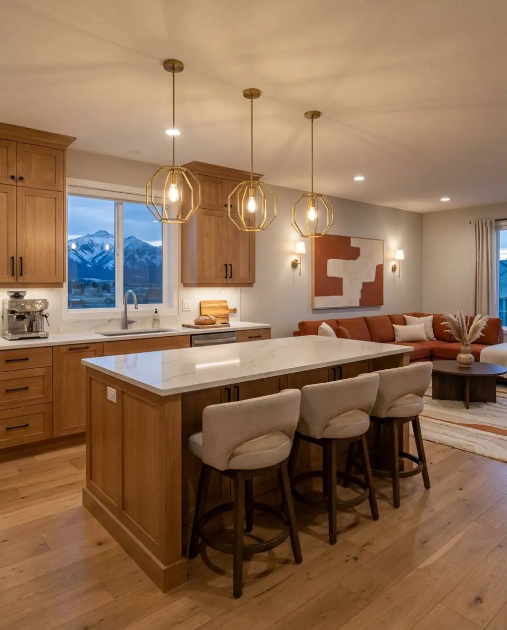 Warm Transitional Open Kitchen with Island Seating — Budget Version