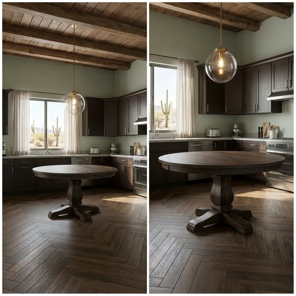 Dark Wood Kitchen with Herringbone Wood Floor