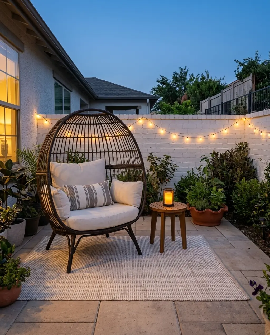 Small Patio with Hanging Egg Chair & Herb Garden — Budget Version