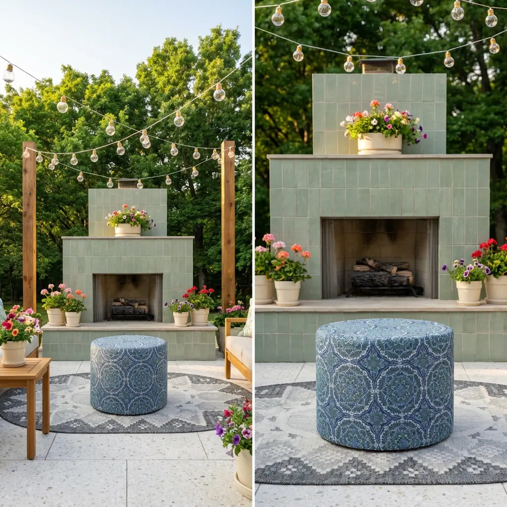 Bohemian Patio with Tiled Fireplace and Eclectic Seating