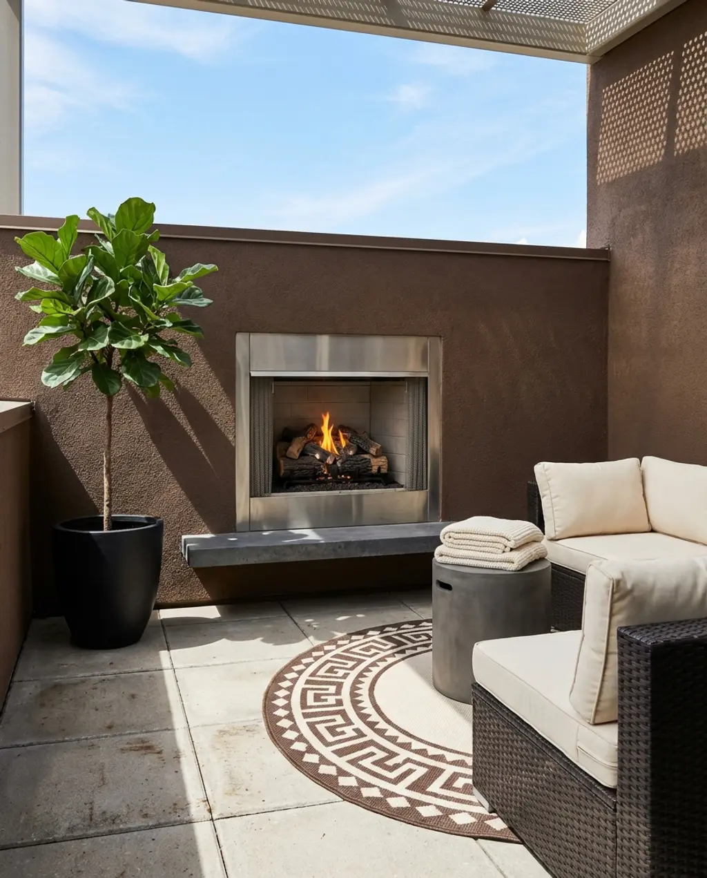 Cozy Balcony with Outdoor Fireplace Feature — Budget Version