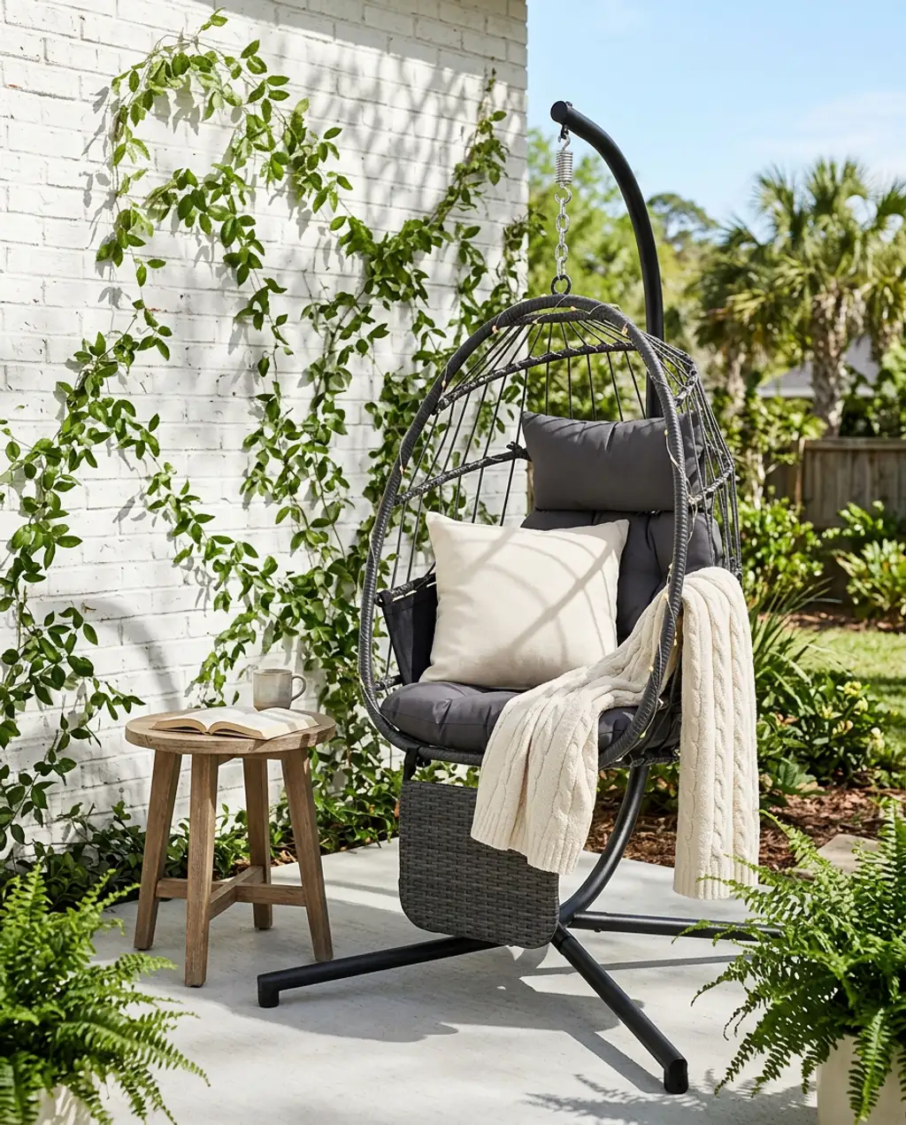 Cozy Gray Egg Chair Nook with Plush Pillows and Fairy Lights — Luxury Version