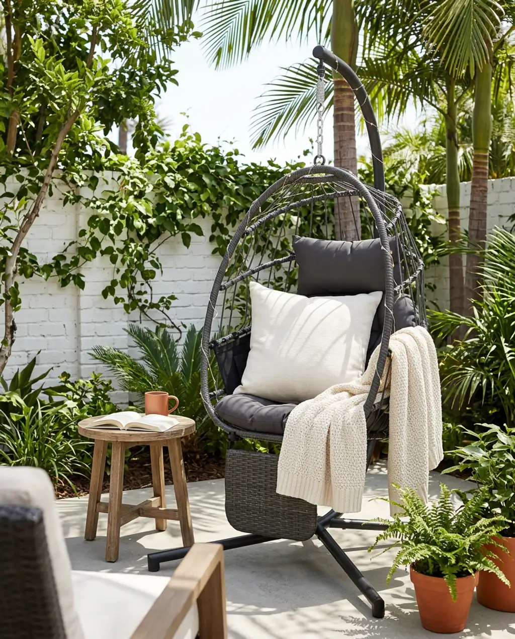 Cozy Gray Egg Chair Nook with Plush Pillows and Fairy Lights — Budget Version