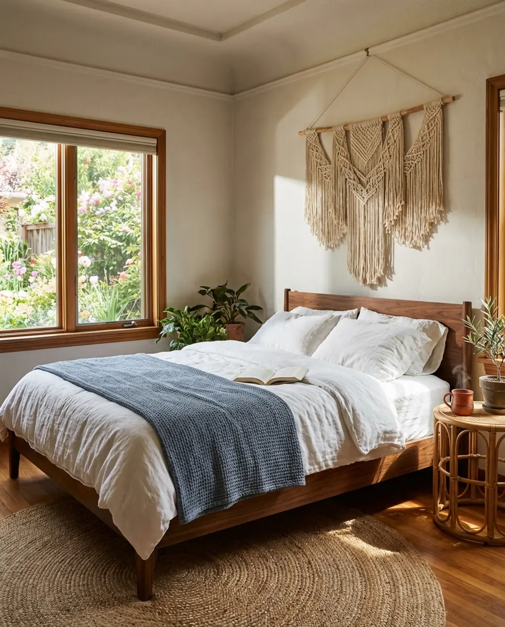 Cozy Spring Bedroom with Warm Wood Tones and Earthy Accents