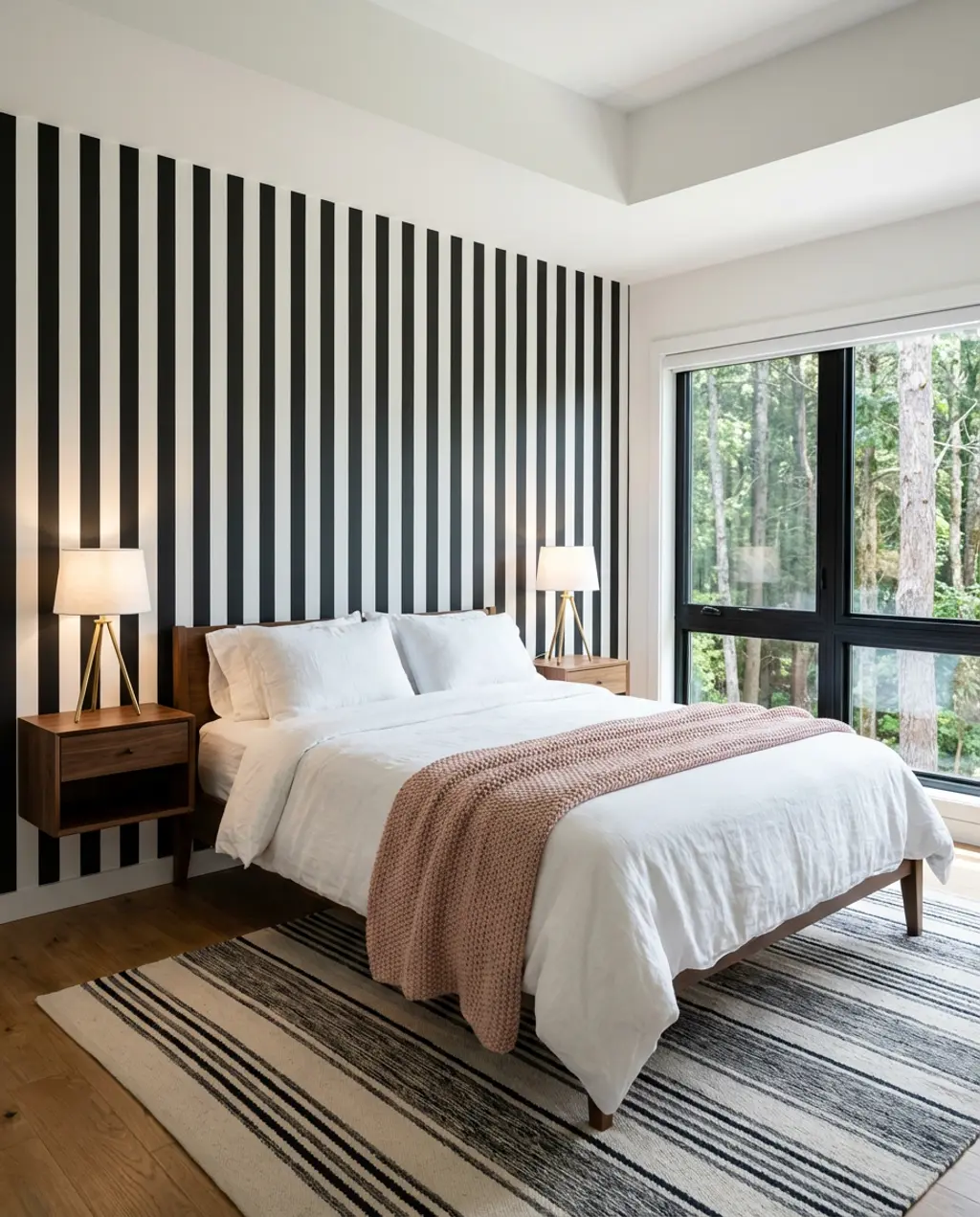Black and White Striped Wallpaper for a Bold Modern Bedroom